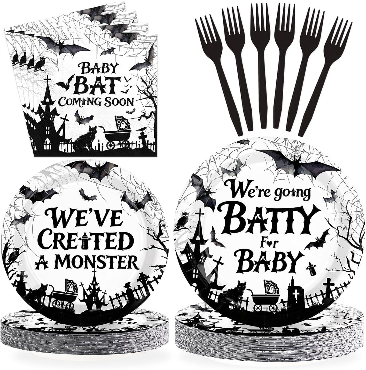 Black and white Halloween baby shower set with bat plates napkins and forks