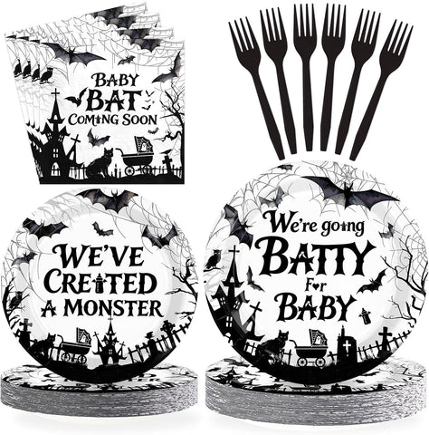 Black and white Halloween baby shower set with bat plates napkins and forks