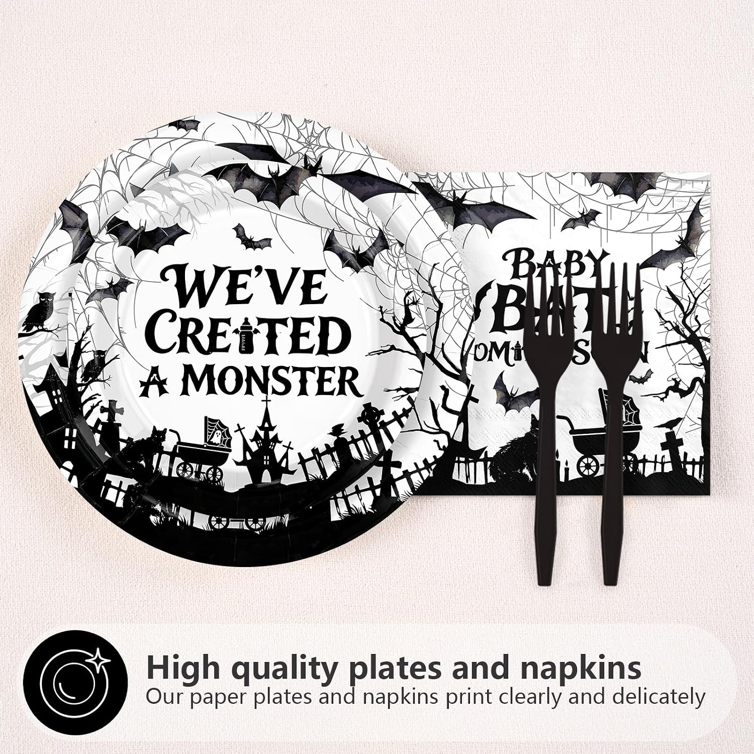 Bat baby shower plate reading We are going Batty for Baby