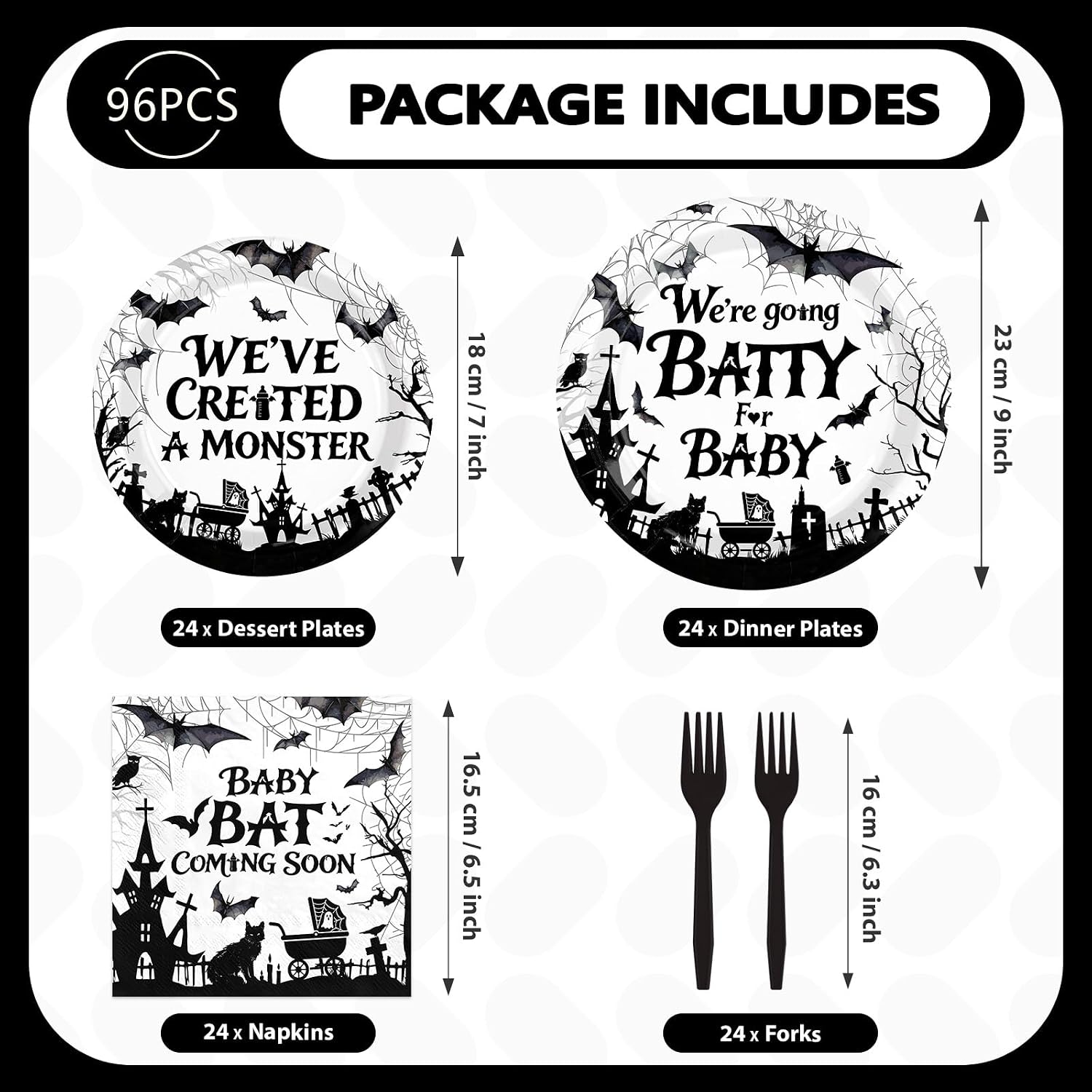 Baby bat napkins printed with haunted castle and pram silhouettes