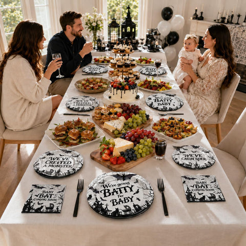 Gothic bat baby shower plates laid out for a spooky celebration