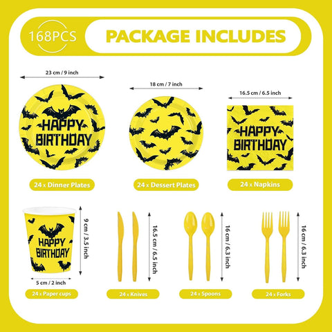 Package contents of the 168Pcs bat birthday tableware set
