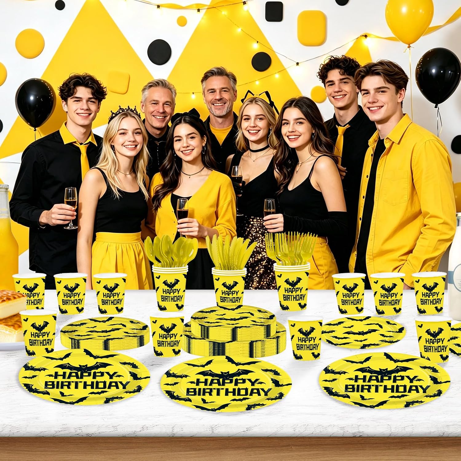 Party scene with the yellow black bat birthday tableware