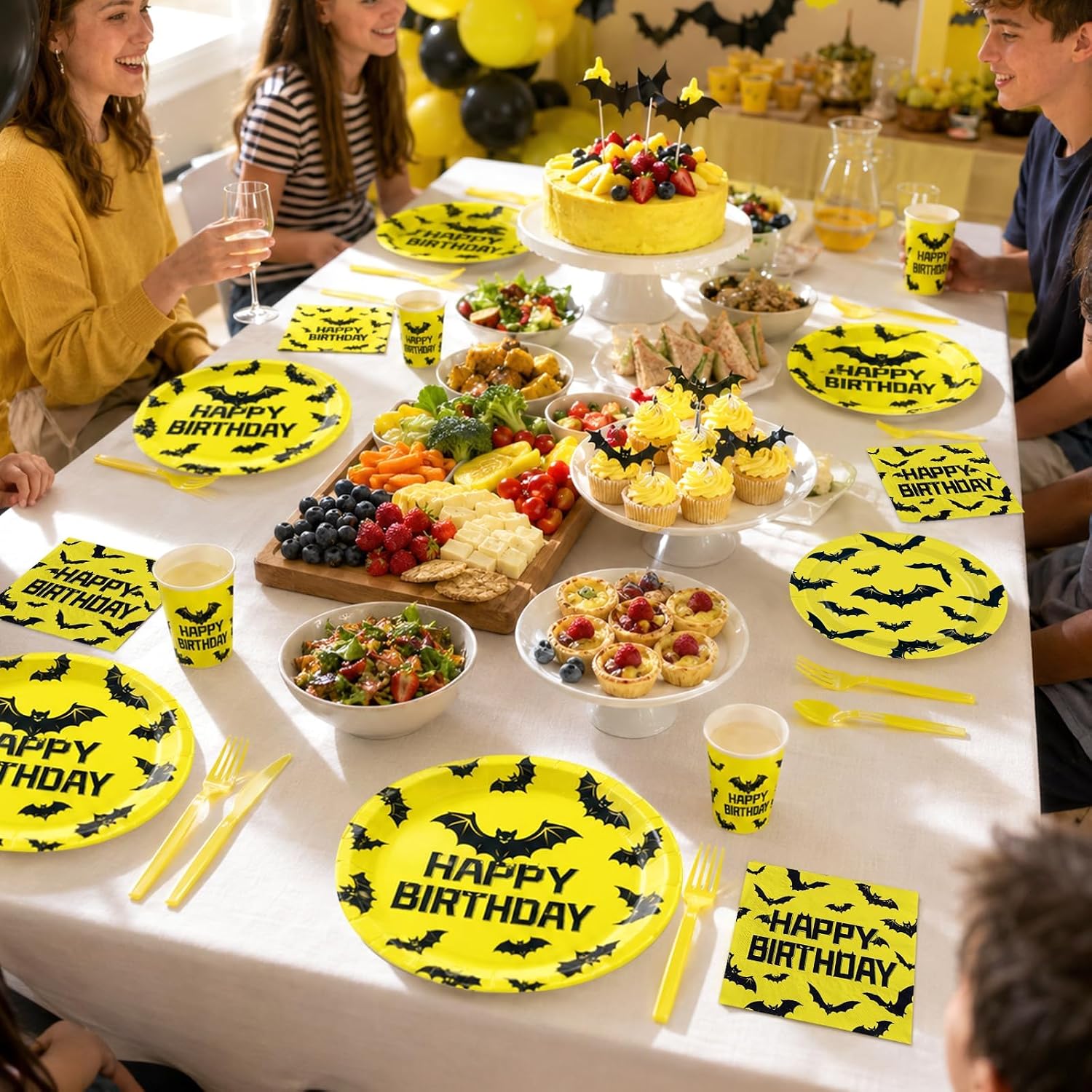 Bat birthday party table styled with the full 168 piece set