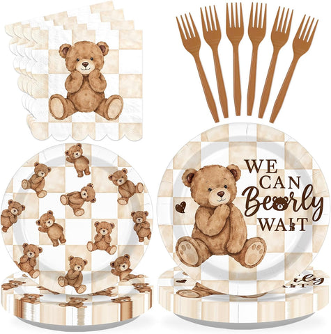 96Pcs We Can Bearly Wait Bear Baby Shower Plates - Grencian