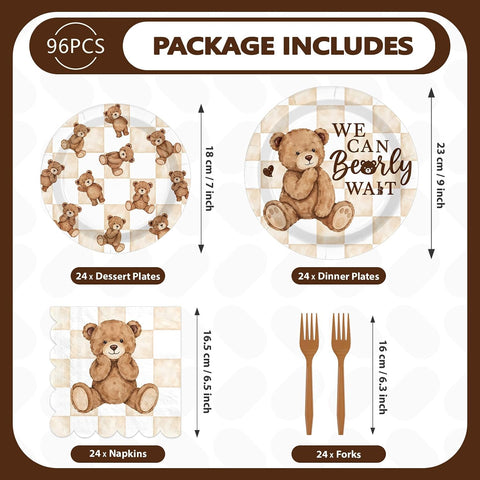 96Pcs We Can Bearly Wait Bear Baby Shower Plates - Grencian