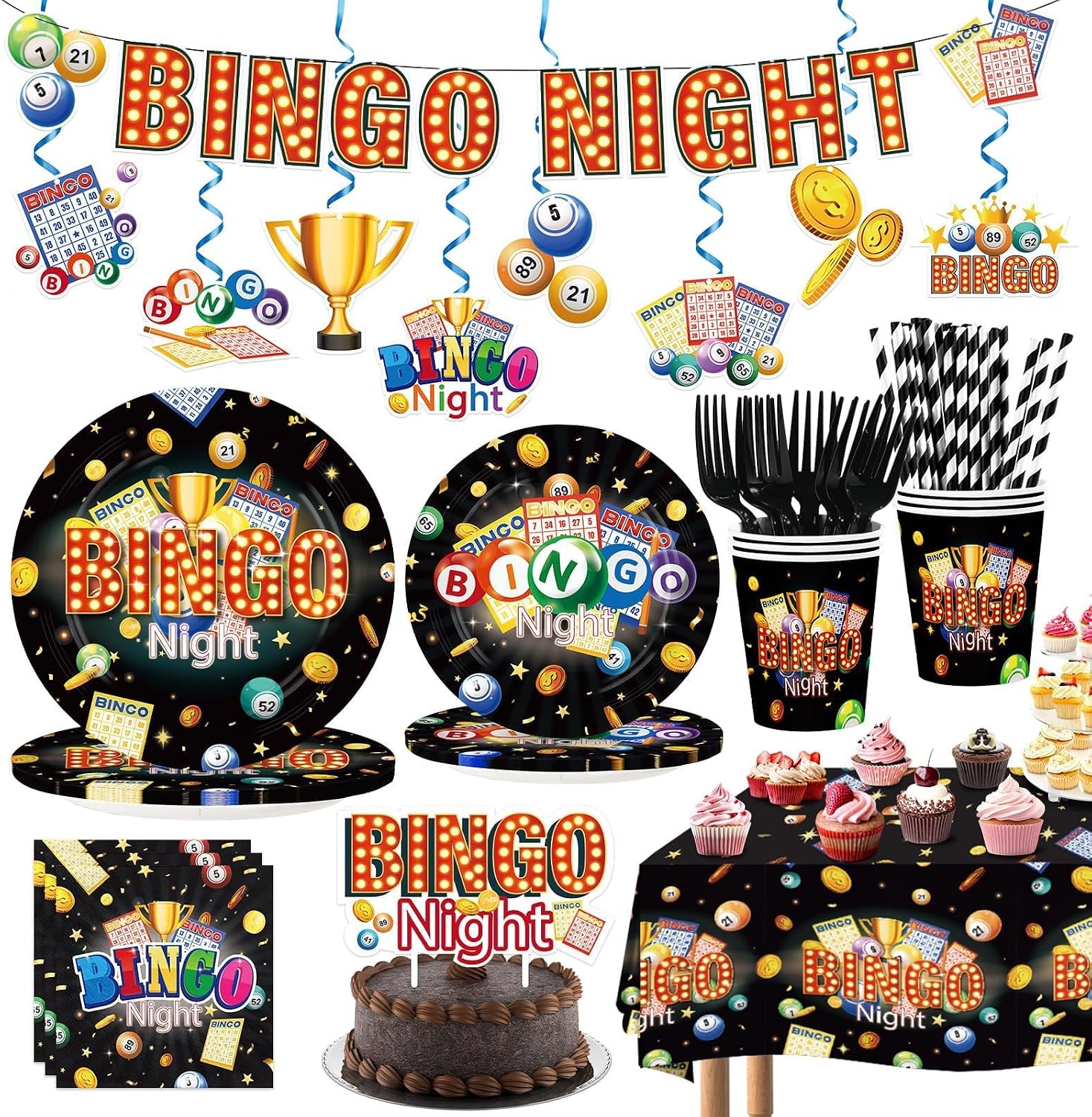 Bingo Party Supplies 157 Pcs Serves 24 Black Gold - Grencian