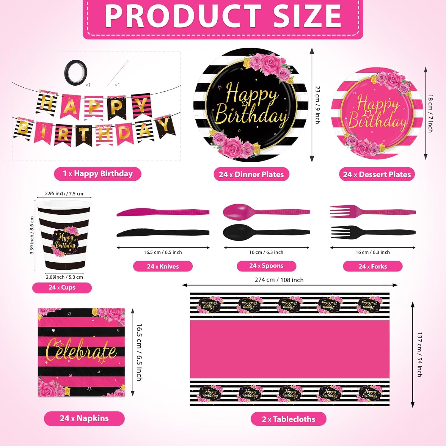 Black and Pink Birthday Party Supplies 171 Pcs for Women - Grencian