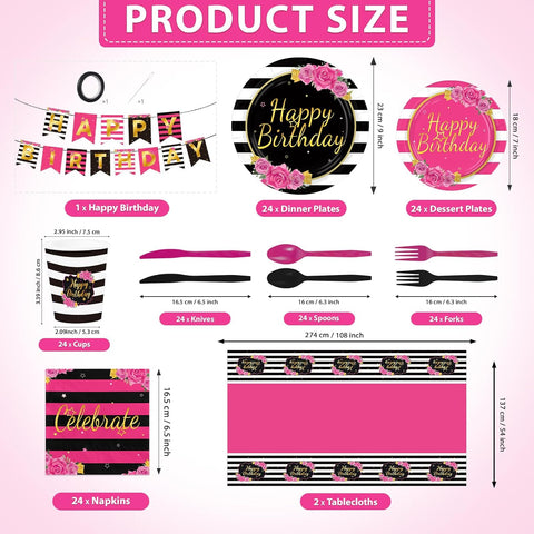Black and Pink Birthday Party Supplies 171 Pcs for Women - Grencian