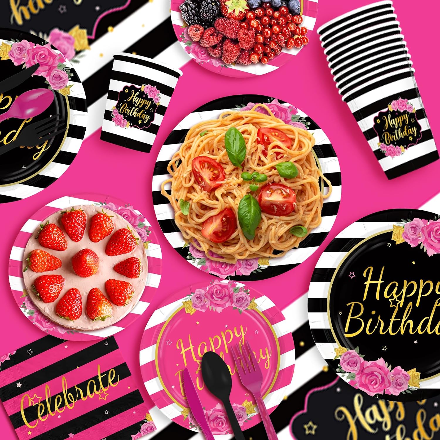 Black and Pink Birthday Party Supplies 171 Pcs for Women - Grencian