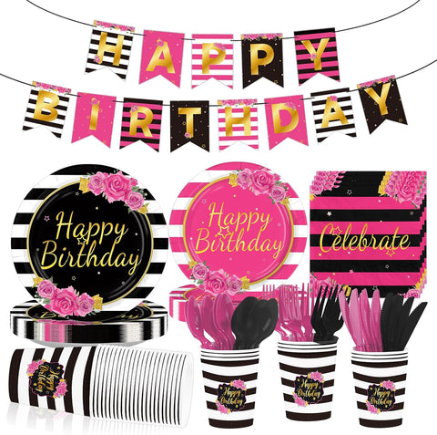 Black and Pink Birthday Party Supplies 171 Pcs for Women - Grencian