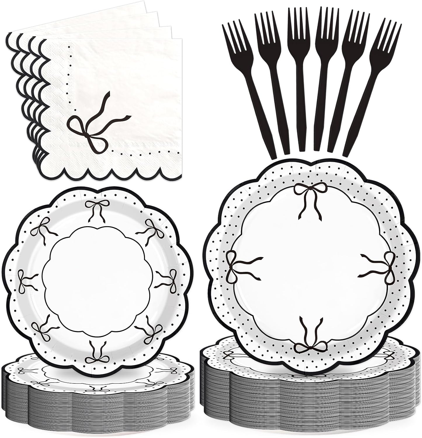 Grencian 200Pcs black and white bow plates and napkins set