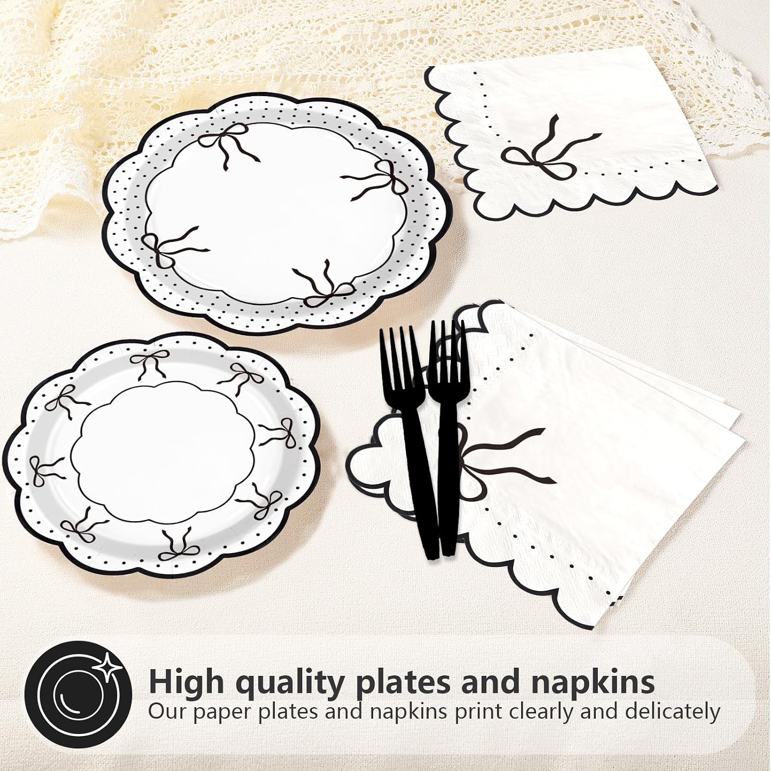 Black bow dessert plate and scalloped napkin from the set