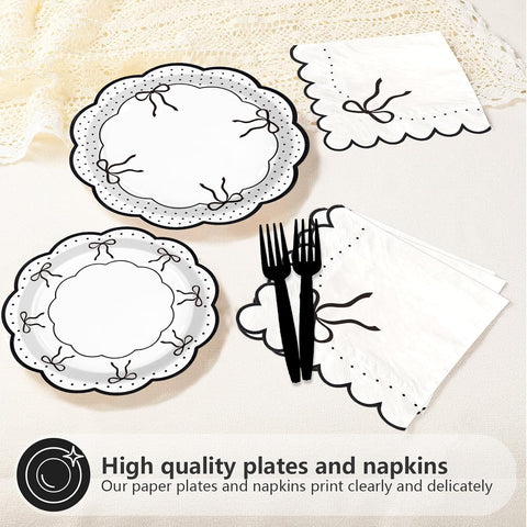 Black bow dessert plate and scalloped napkin from the set
