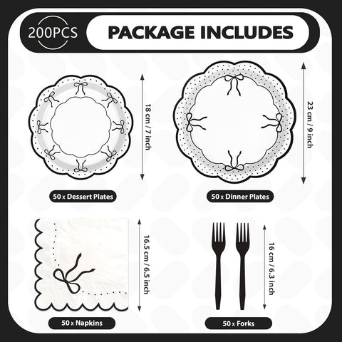 Package contents of the 200Pcs black bow tableware set