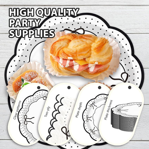 Cream plates holding party food with the black bow tableware
