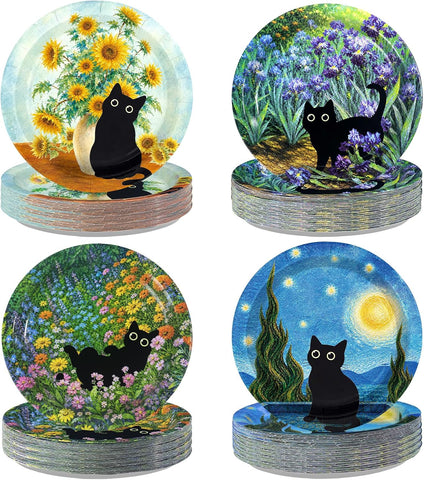 60Pcs Black Cat Floral Paper Plates 9 Inch Vintage - Grencian