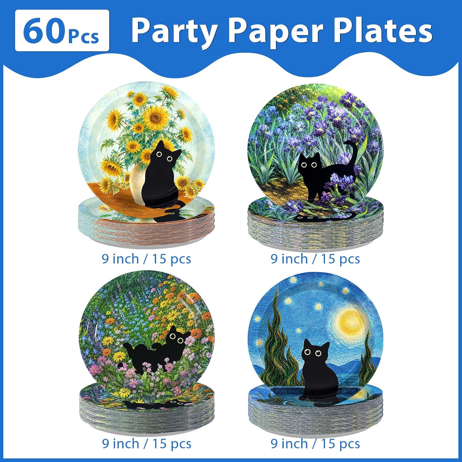 60Pcs Black Cat Floral Paper Plates 9 Inch Vintage - Grencian