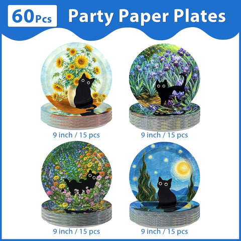 60Pcs Black Cat Floral Paper Plates 9 Inch Vintage - Grencian