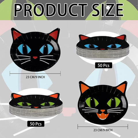 Full stack of 50 black cat shaped Halloween paper plates
