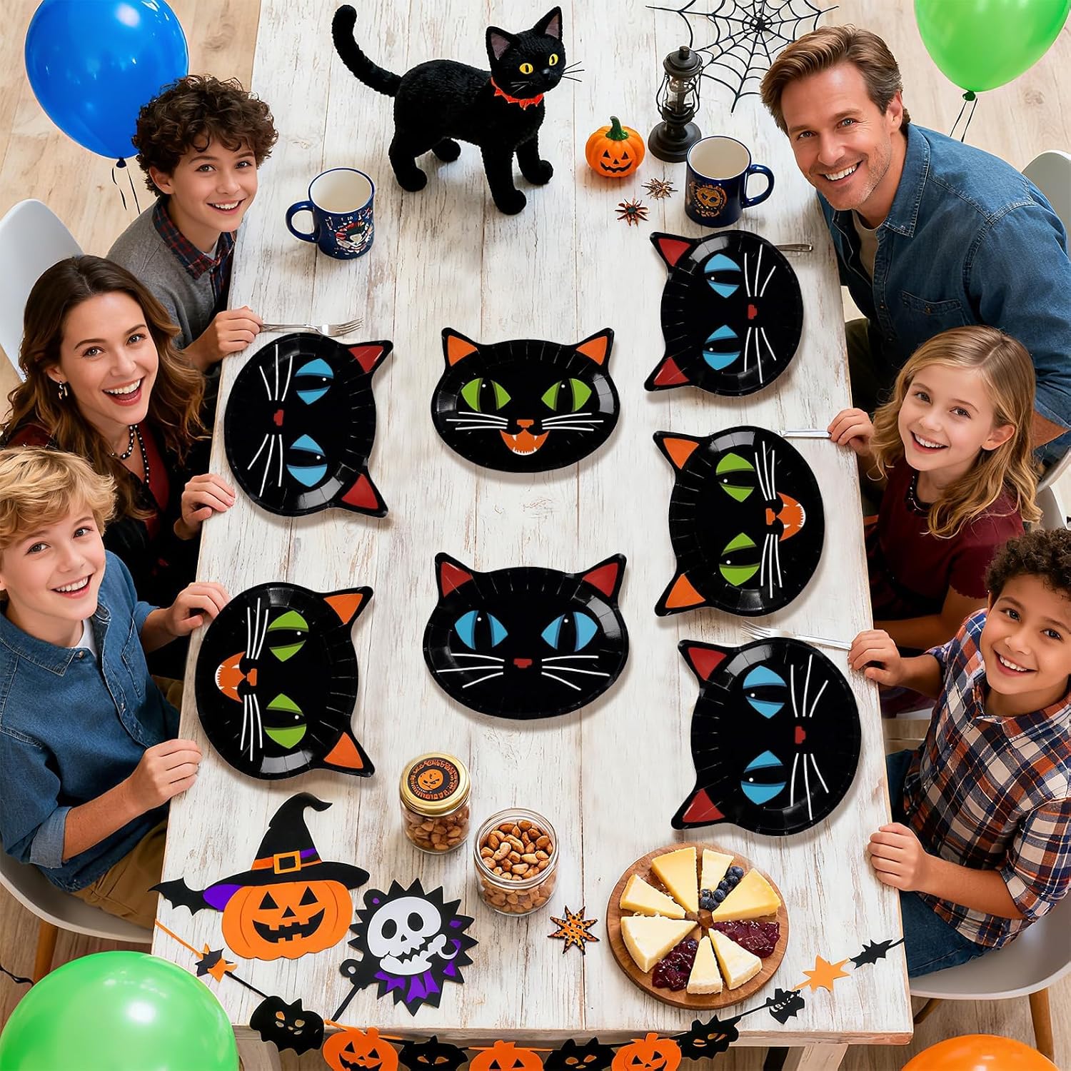 Halloween table styled with the cat plates