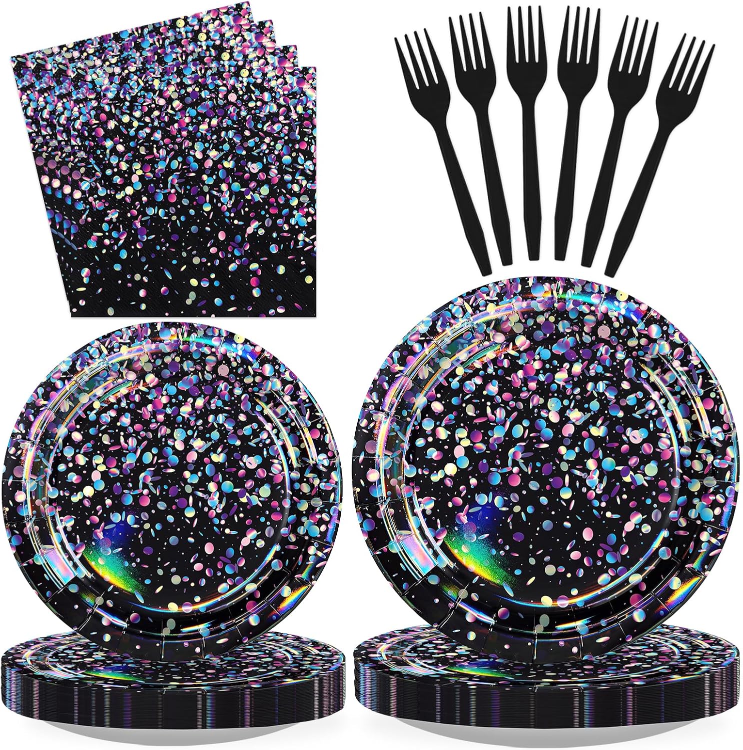 96Pcs black holographic glitter party set serves 24