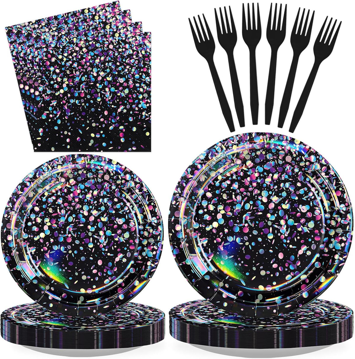 96Pcs black holographic glitter party set serves 24