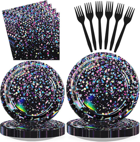 96Pcs black holographic glitter party set serves 24