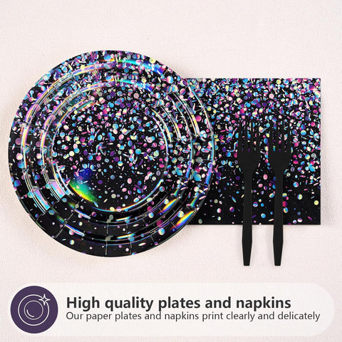 Holographic rainbow confetti design on the black dinner plates