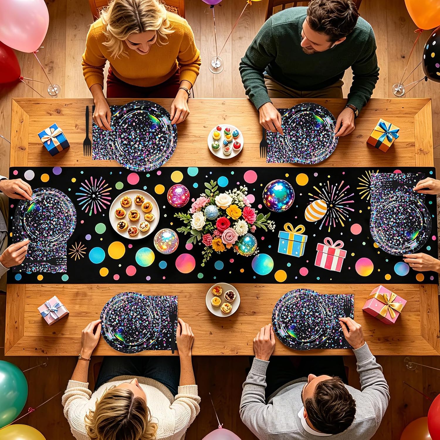 Party table styled with the black holographic set