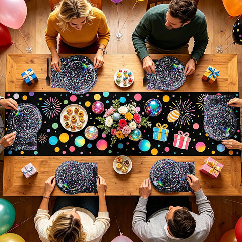 Party table styled with the black holographic set