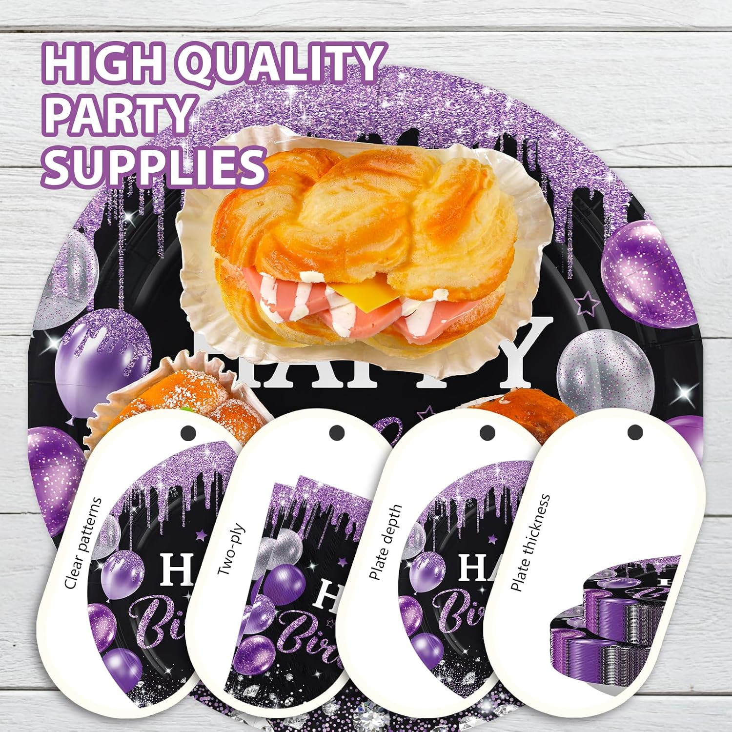250Pcs Black Purple Birthday Decorations Serves 50 - Grencian