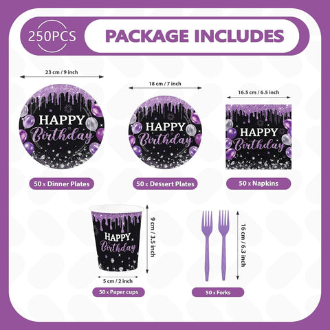 250Pcs Black Purple Birthday Decorations Serves 50 - Grencian