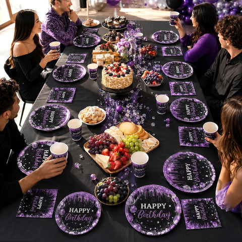 250Pcs Black Purple Birthday Decorations Serves 50 - Grencian