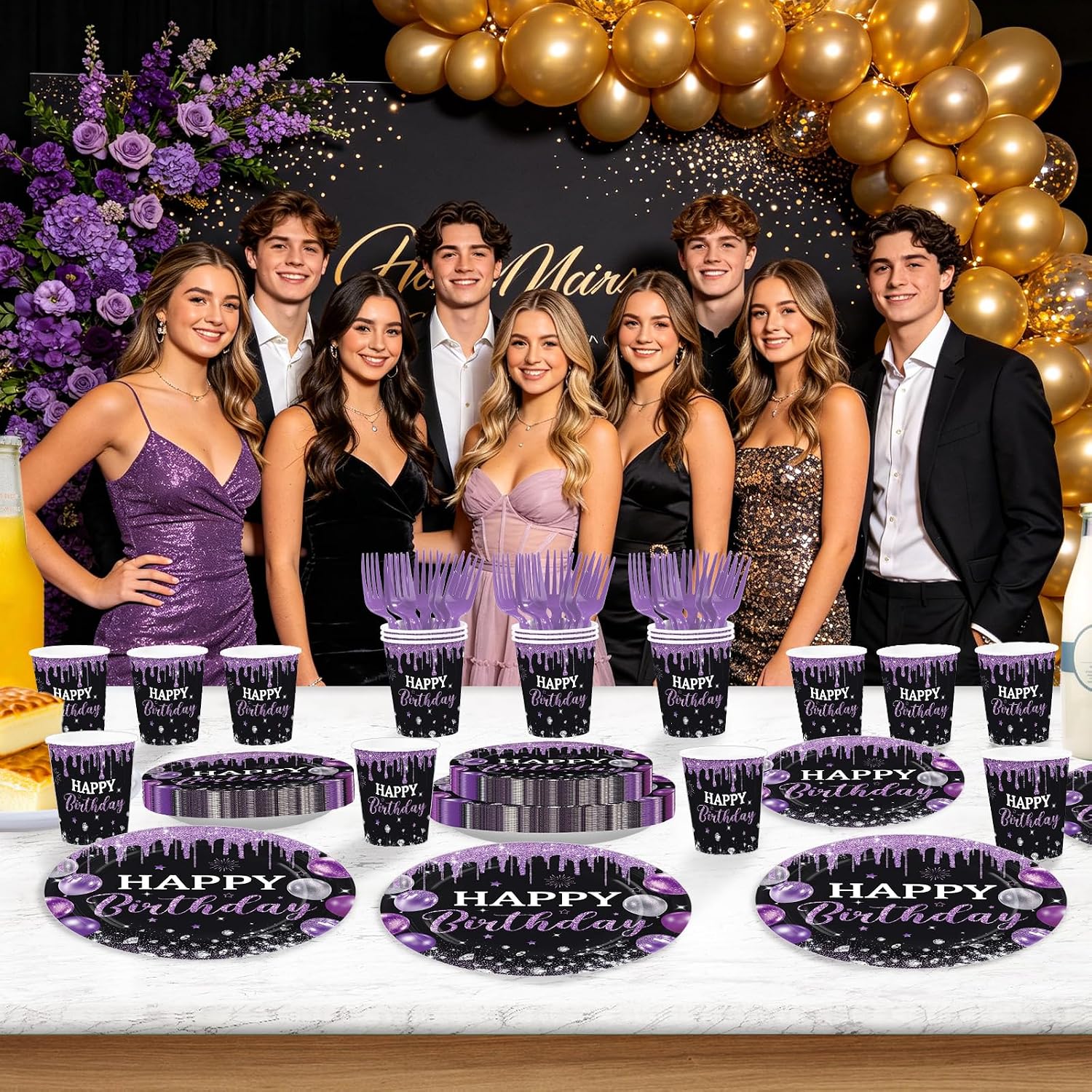 250Pcs Black Purple Birthday Decorations Serves 50 - Grencian