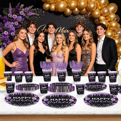 250Pcs Black Purple Birthday Decorations Serves 50 - Grencian