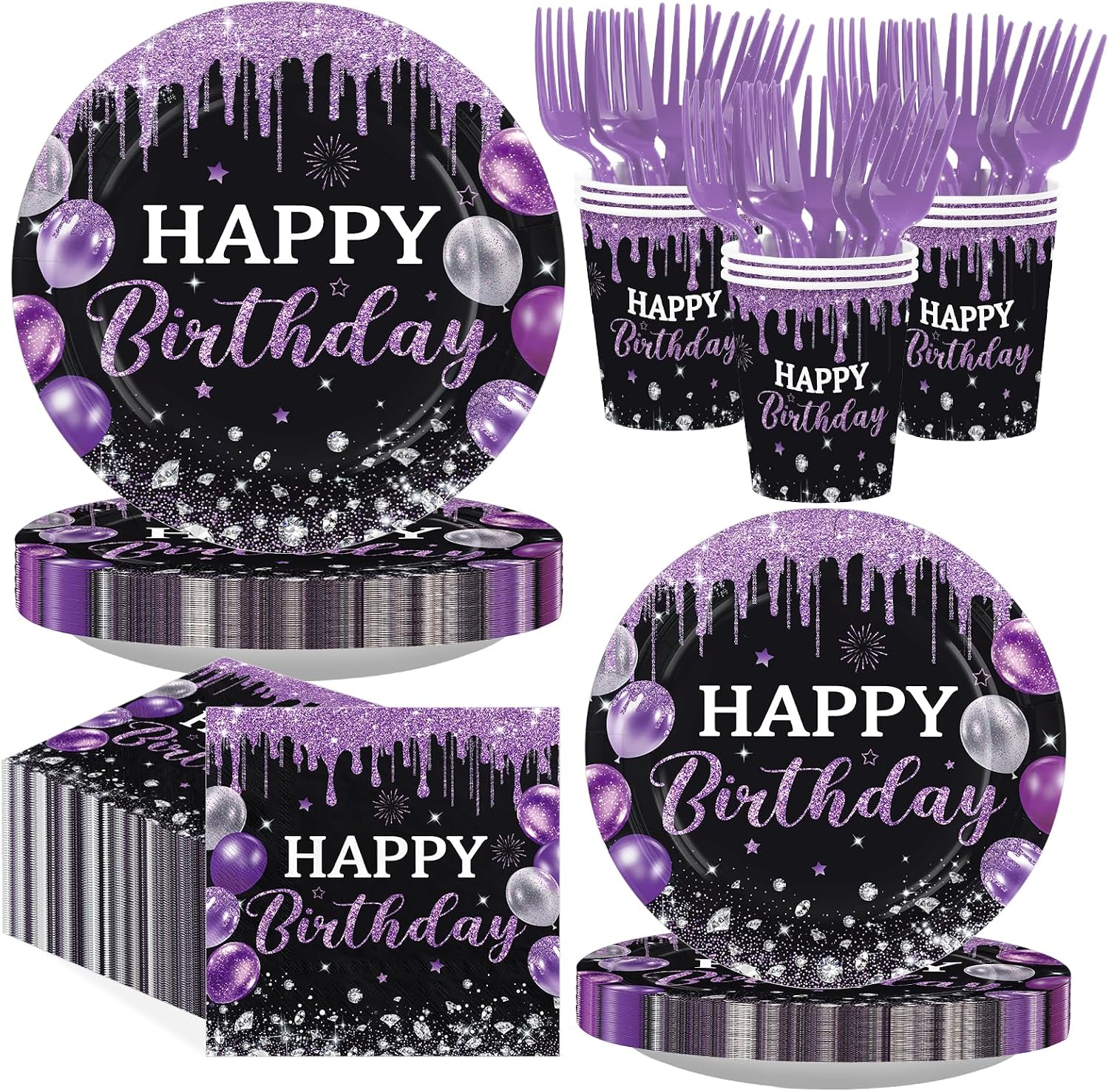 250Pcs Black Purple Birthday Decorations Serves 50 - Grencian