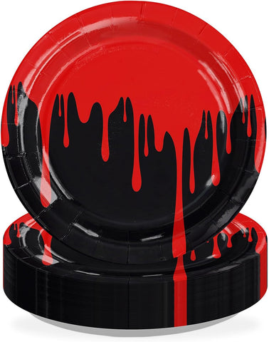 Red and black blood drip Halloween paper plates stacked ready to serve