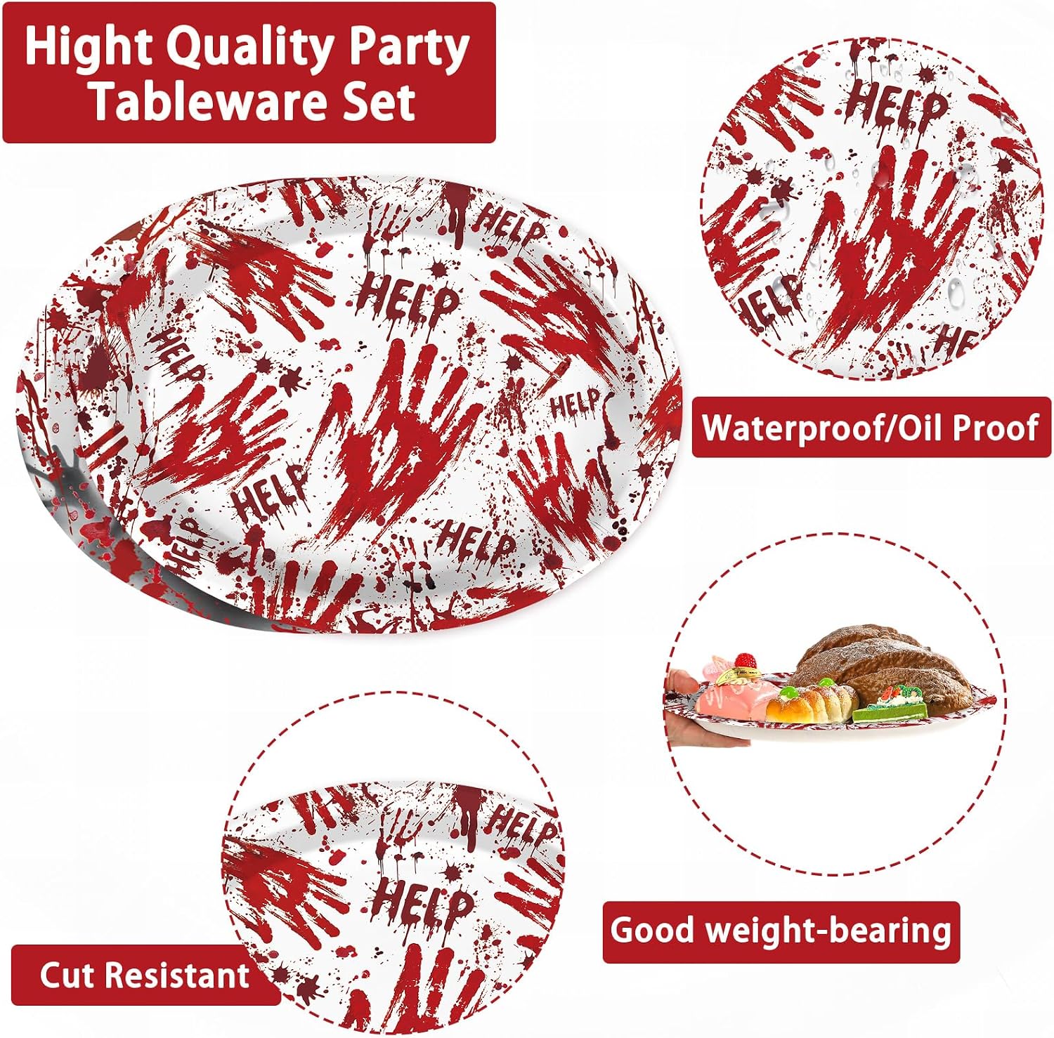 Bloody handprint oval plate designs flat lay