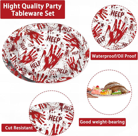 Bloody handprint oval plate designs flat lay