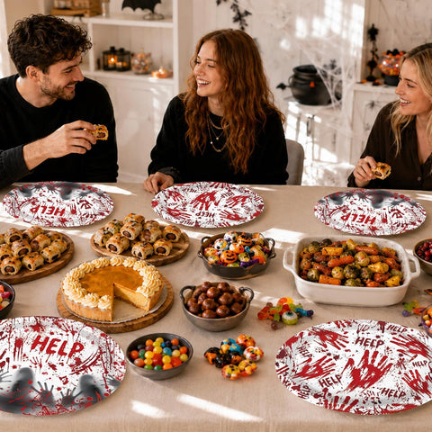Horror themed table styled with the bloody plates