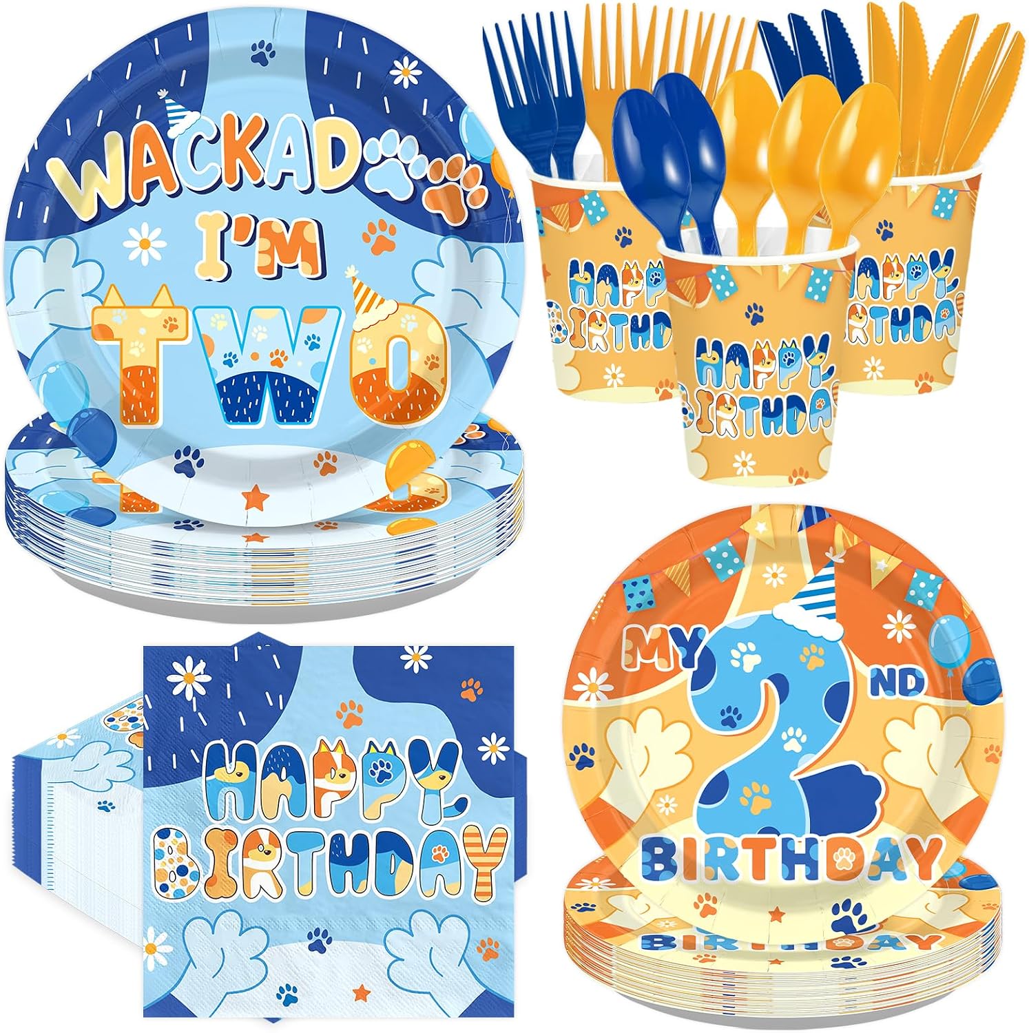 Grencian 168-piece blue dog 2nd birthday party tableware set with cartoon paw print plates, napkins, cups and blue-orange cutlery