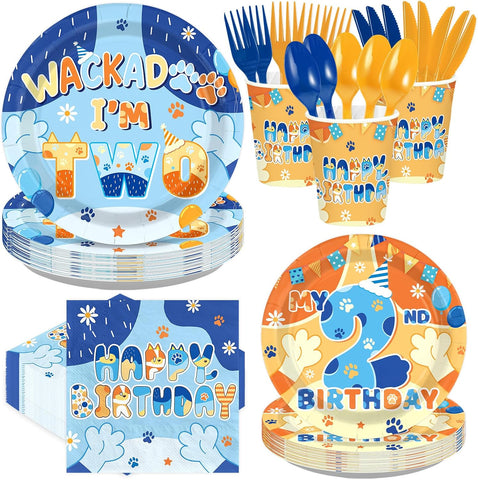 Grencian 168-piece blue dog 2nd birthday party tableware set with cartoon paw print plates, napkins, cups and blue-orange cutlery
