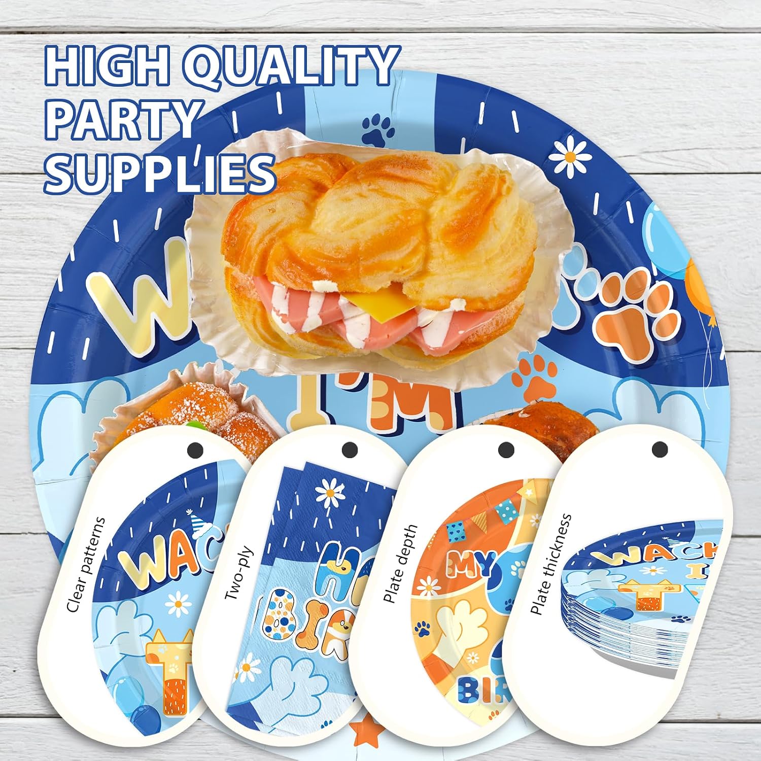 Blue dog 2nd birthday party plate quality details showing clear patterns, two-ply construction, plate depth and plate thickness