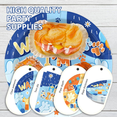 Blue dog 2nd birthday party plate quality details showing clear patterns, two-ply construction, plate depth and plate thickness