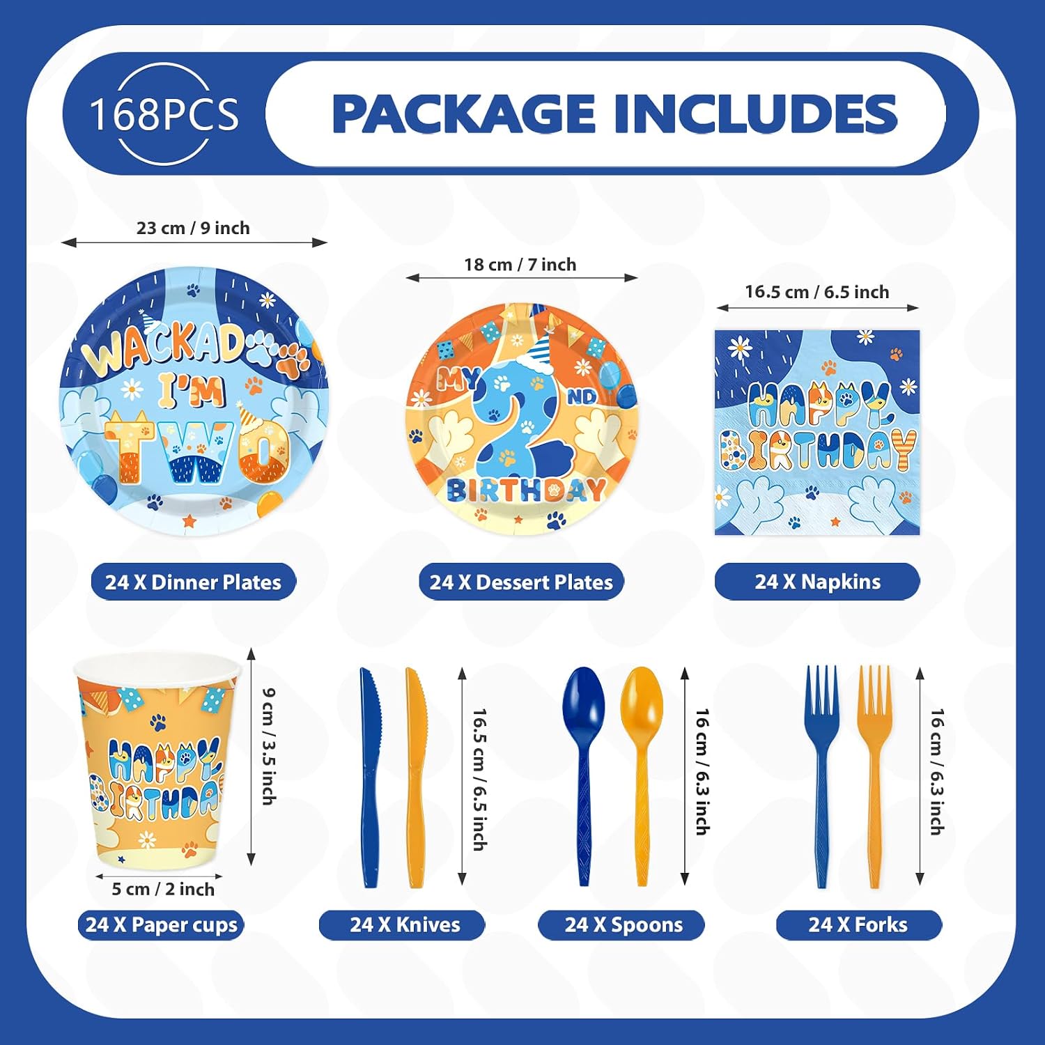 Blue dog 2nd birthday party set includes 24 dinner plates, 24 dessert plates, 24 napkins, 24 paper cups, 24 knives, 24 spoons and 24 forks