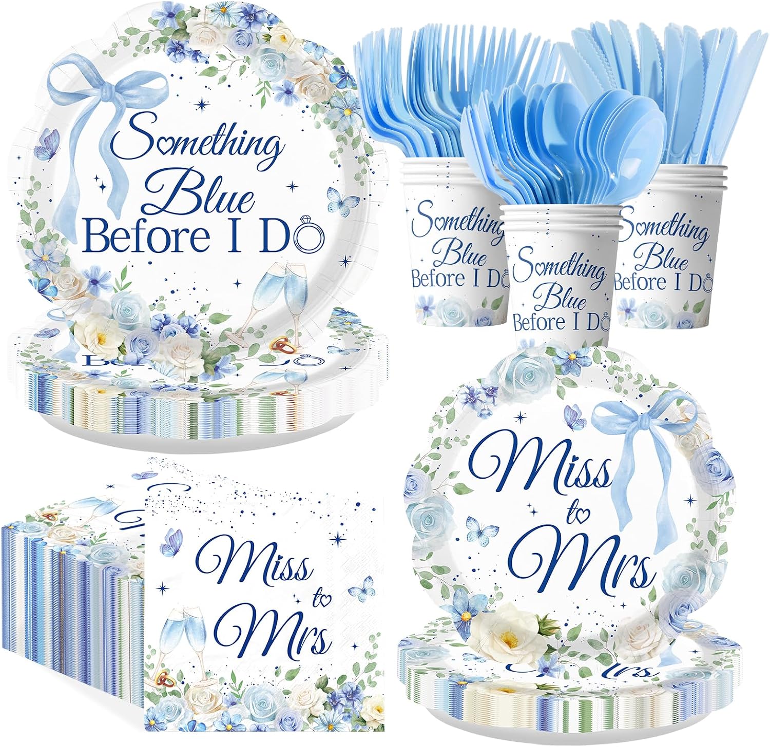 168Pcs Something Blue Before I Do Party Supplies Serves 24 - Grencian