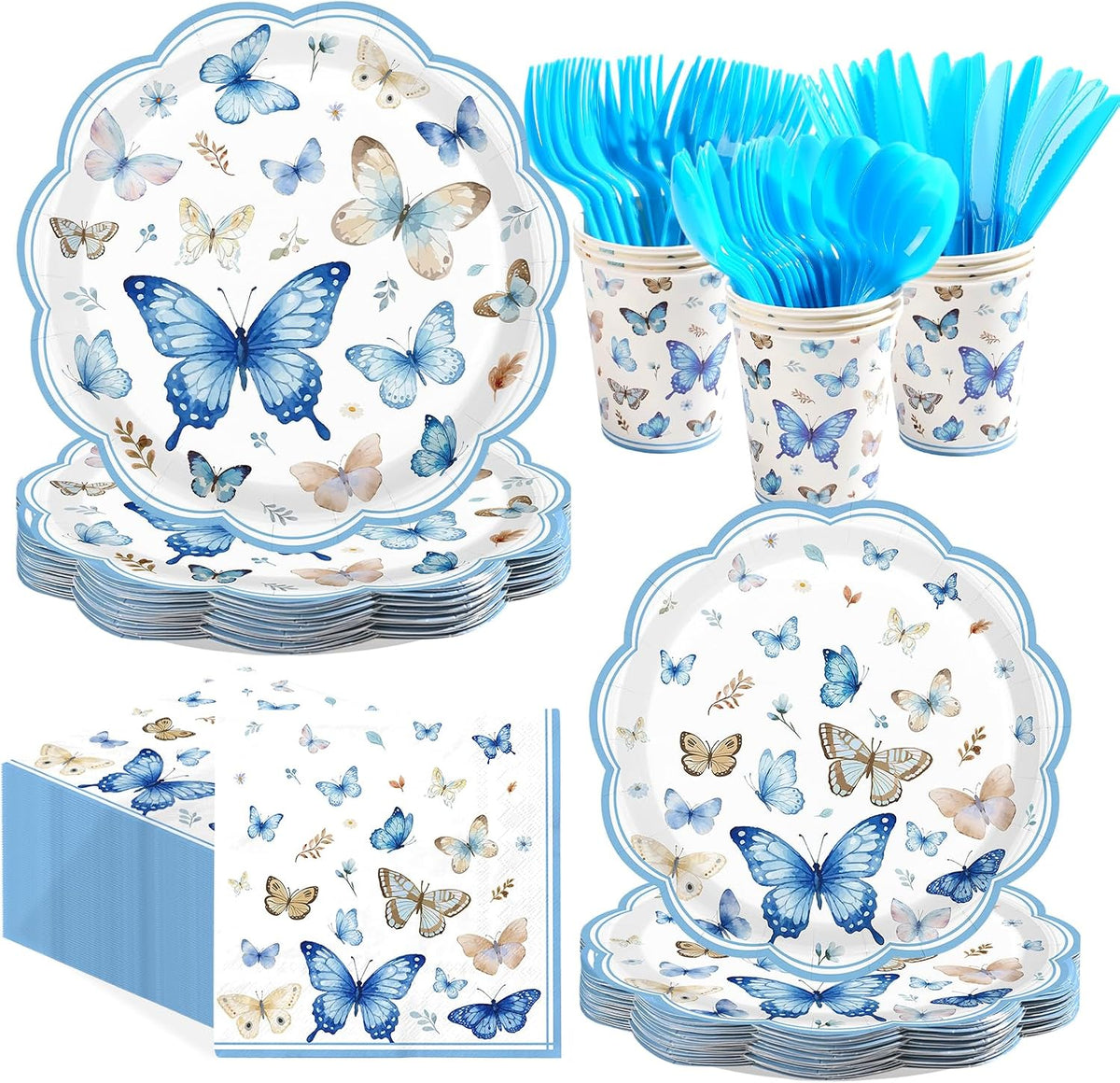 Blue butterfly scalloped party plates with napkins cups and cutlery set for 24