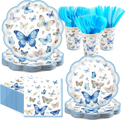 Blue butterfly scalloped party plates with napkins cups and cutlery set for 24