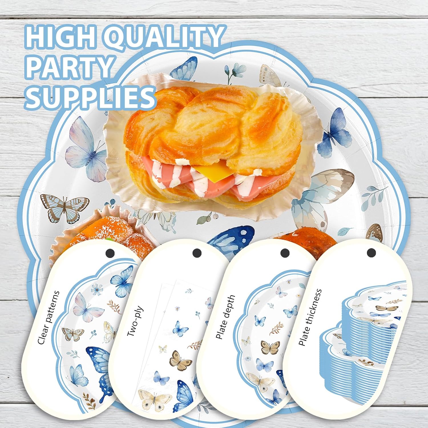 Blue butterfly party napkins with matching light blue scalloped rims